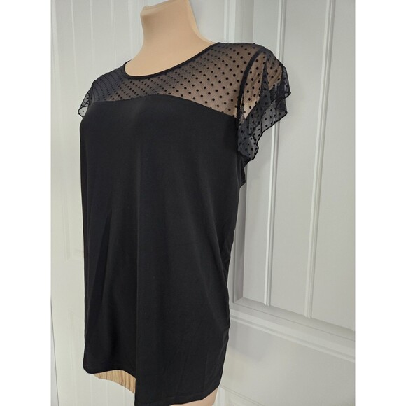 Anne Klein Plus Black Polka Dot Mesh Shoulder Flutter Sleeve Blouse Sz 1X - Picture 3 of 9